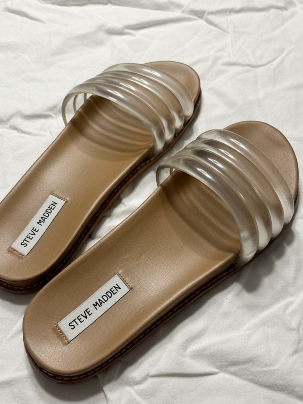 Steve Madden Clear Strap Slide Sandals with Tan Footbed